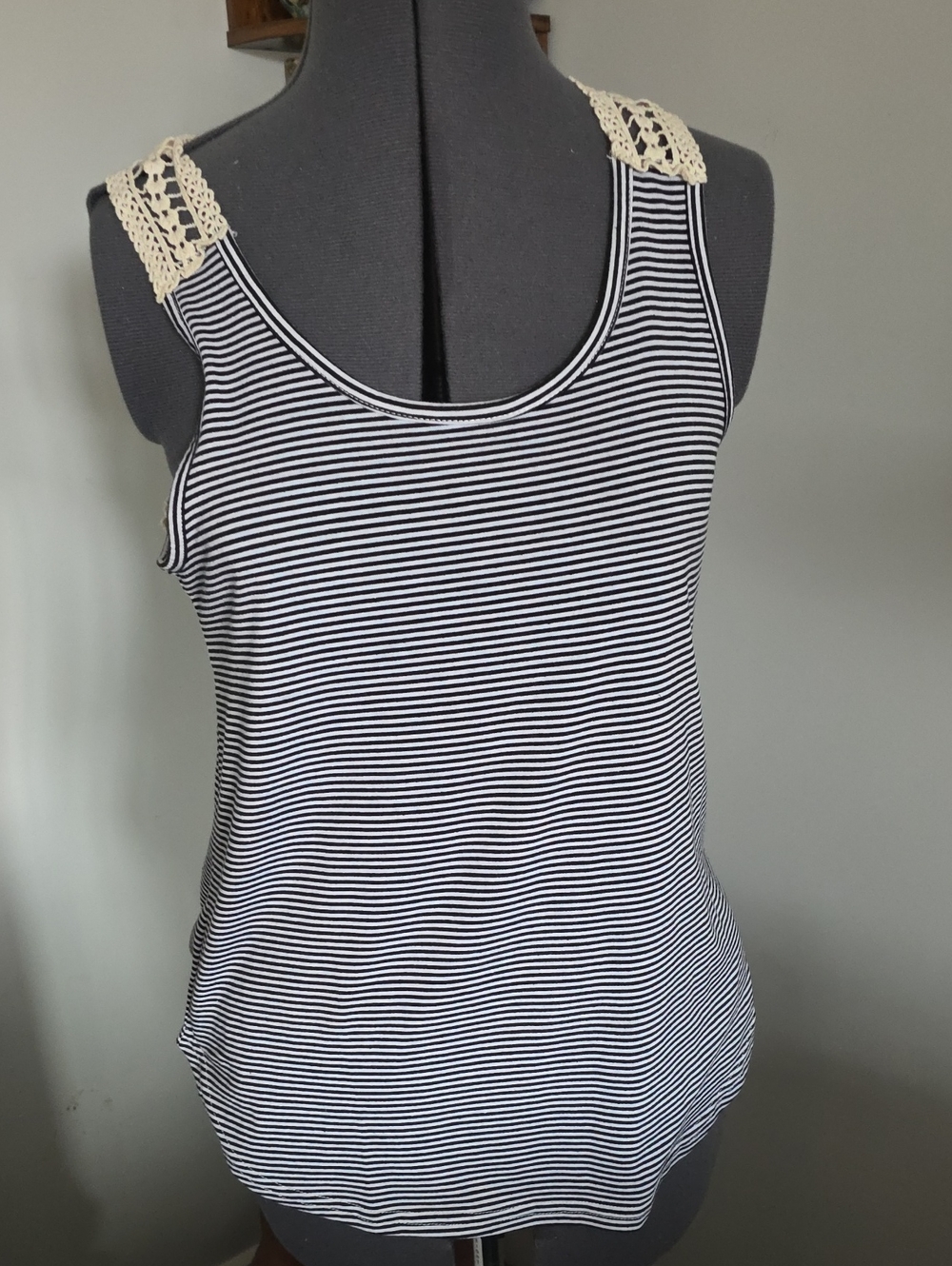 Striped Crochet-Shoulder Tank Top - Black & White